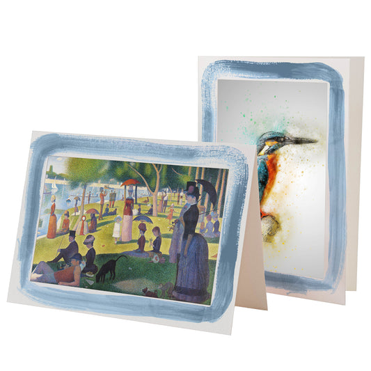 1627B - Bright White, Blue Mist Watercolor Border, Blank Back, set of 10 cards